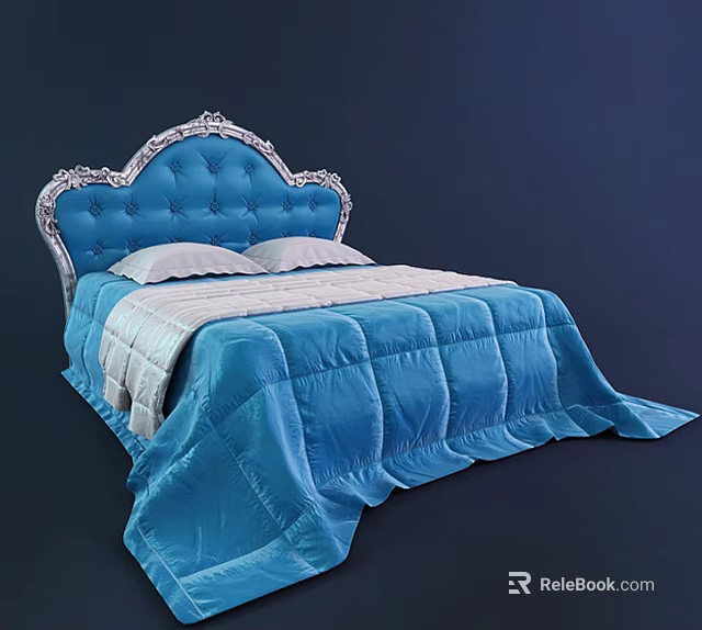 Double Bed With Blue Tufted Headboard Ornate Carved Design And Blue Bedspread 3d model 