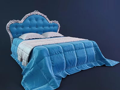 Double Bed With Blue Tufted Headboard Ornate Carved Design And Blue Bedspread 3d model