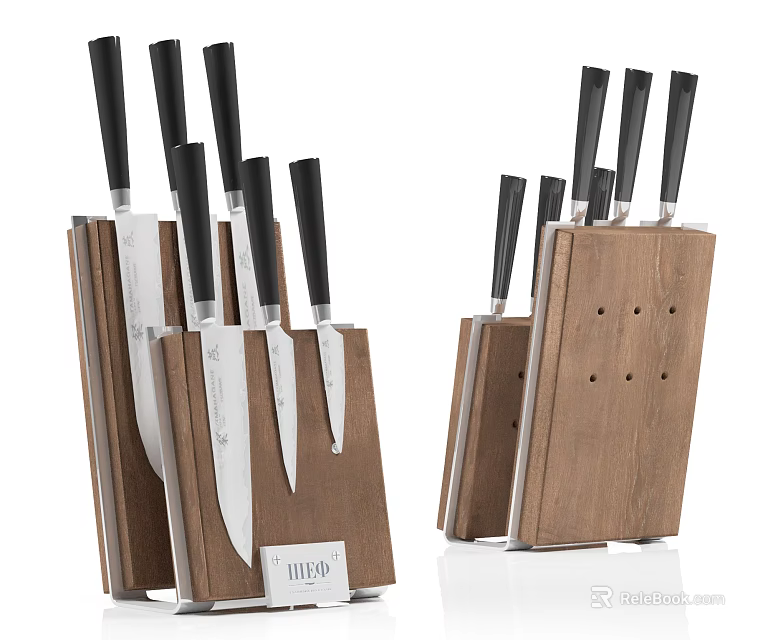 Kitchen Knife Weapon Set With Black Handles And Wooden Storage Block 3d model 