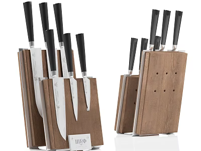 Kitchen Knife Weapon Set With Black Handles And Wooden Storage Block 3d model