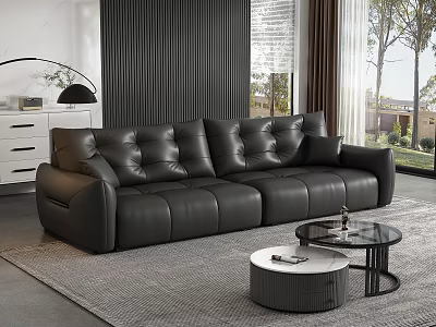 Black Leather Sectional Sofa In Modern Living Room With Round Coffee Tables And Large Window 3d model