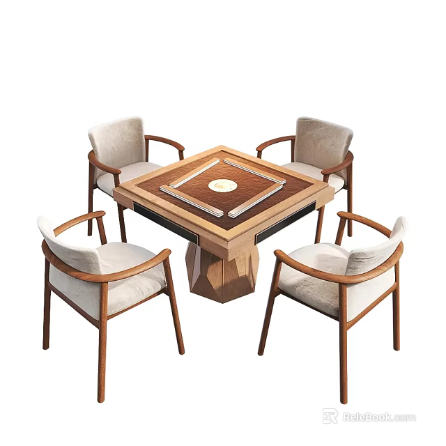 Minimalist Square Wooden Dining Table With Geometric Base And Four Light Cushioned Chairs 3d model 