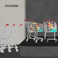 Public Facility Shopping Carts Arranged With Groceries On Grey Background