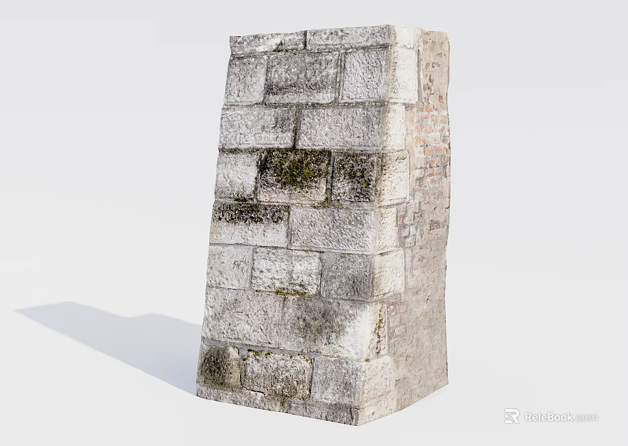 Building Exterior Wall With Weathered Stone Bricks And Natural Moss Growth 3d model 