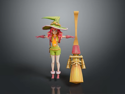 Woman In Green Witch Outfit With Pink Hair Broomstick And Outstretched Arms 3d model