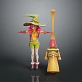 Woman In Green Witch Outfit With Pink Hair Broomstick And Outstretched Arms