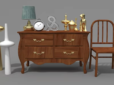 Decorative Ornament Set with Table Lamp Clock Candle Holder and Golden Figurine on Wooden Dresser 3d model