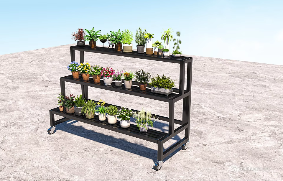 Black Multi tiered Flower Stand With Wheels Holding Various Potted Plants 3d model 