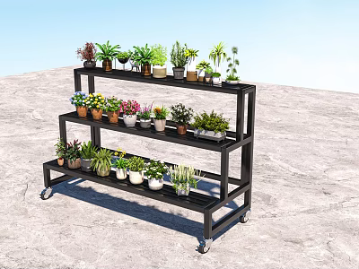Black Multi tiered Flower Stand With Wheels Holding Various Potted Plants 3d model