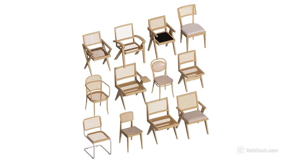 Stylish Leisure Chairs With Various Designs Wooden Frames And Rattan Accent Details 3d model 