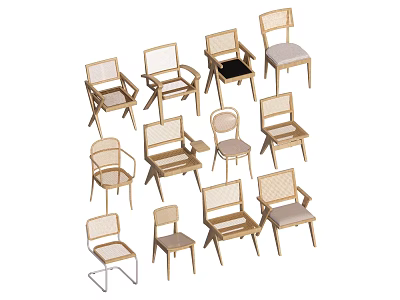 Stylish Leisure Chairs With Various Designs Wooden Frames And Rattan Accent Details 3d model