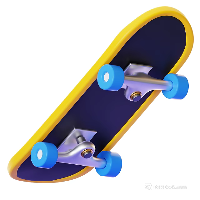 Stylish Skateboard With Yellow Edge Dark Blue Deck Blue Wheels And Silver Trucks 3d model 