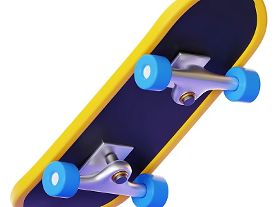 Stylish Skateboard With Yellow Edge Dark Blue Deck Blue Wheels And Silver Trucks 3d model