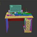 Wooden Computer Desk Setup With Monitor Keyboard Speakers Mouse And Router