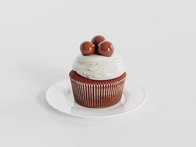 Delicious Red Cupcake With White Frosting And Chocolate Balls On White Plate 3d model