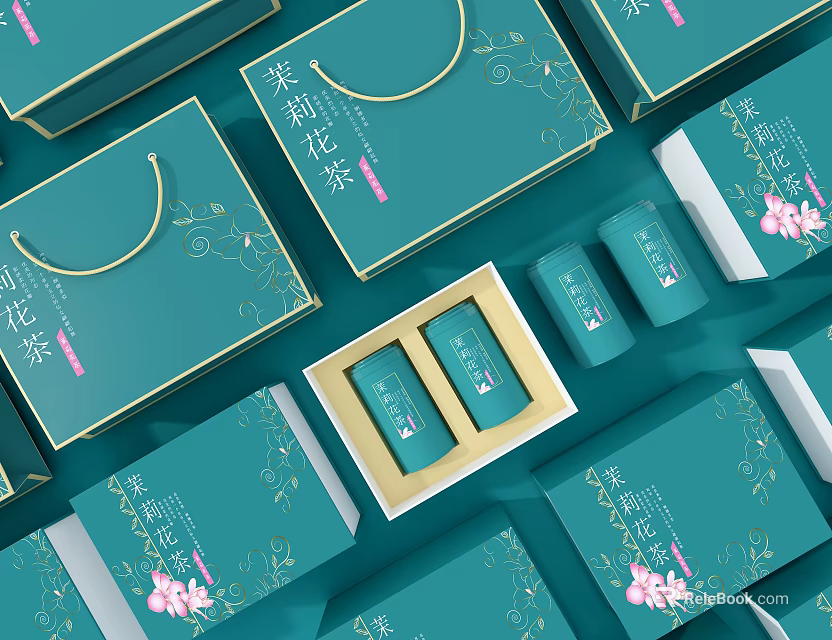 Elegant Green Tea Set Gift Boxes with Floral Patterns and Jasmine Black Tea Cans 3d model 