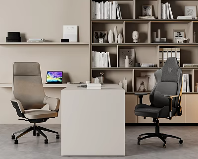 Modern Office Chairs in Light Brown and Dark Gray with Desk and Bookshelf in Workspace 3d model