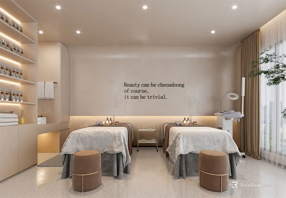 Modern SPA Room With Massage Beds White Sheets Brown Stools And Skincare Shelves 3d model 