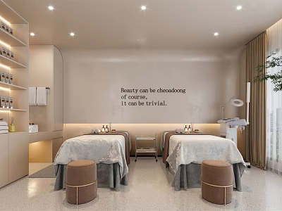 Modern SPA Room With Massage Beds White Sheets Brown Stools And Skincare Shelves 3d model