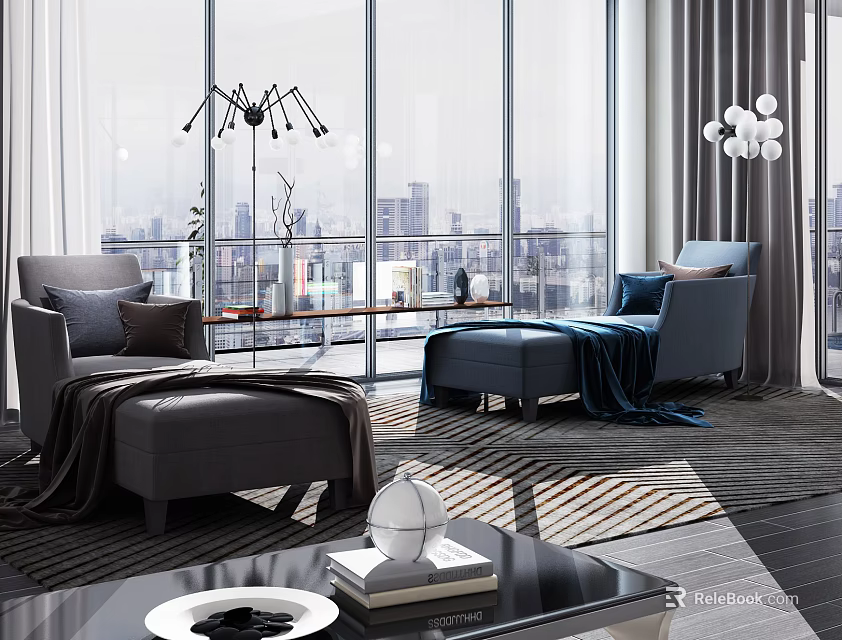 Modern Living Room Interior With Chaise Lounge City View And Floor to Ceiling Windows 3d model 