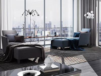 Modern Living Room Interior With Chaise Lounge City View And Floor to Ceiling Windows 3d model