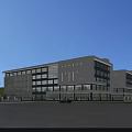 Modern Industrial Factory Building With White Exterior Large Glass Windows Parking Area And Trees