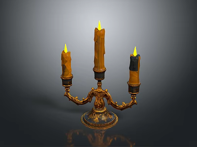 Golden Three Branched Candelabra With Lit Candles For Household Decoration 3d model