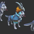 Two Playful Husky Characters With Fantasy Blue Cloak And Golden Horn Details