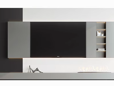 Modern TV Wall Unit With Built In TV And Gray Storage Display Shelves 3d model