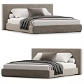 Contemporary Double Bed With Gray Upholstered Headboard And White Striped Bedding Pillows