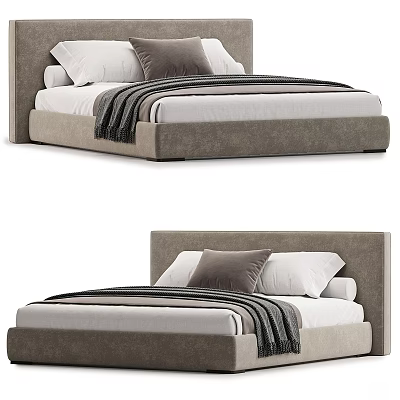 Contemporary Double Bed With Gray Upholstered Headboard And White Striped Bedding Pillows 3d model
