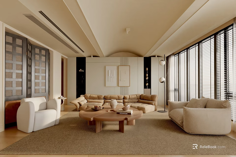 Modern Minimalist Living Room Interior With Beige Sofas Wooden Coffee Table And Large Windows 3d model 