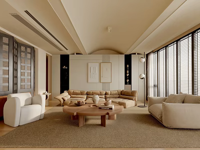 Modern Minimalist Living Room Interior With Beige Sofas Wooden Coffee Table And Large Windows 3d model