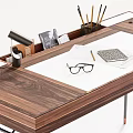Modern Wooden Office Desk With Metal Frame Featuring Top Glasses Notebook And Wire Baskets