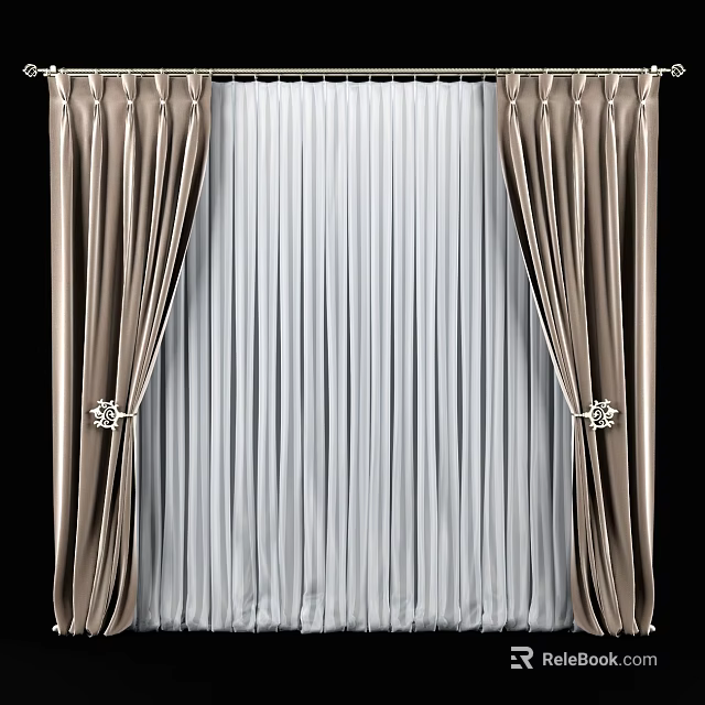 Elegant Brown And White Curtains With Sheer Panels And Decorative Tiebacks 3d model 