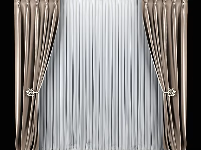 Elegant Brown And White Curtains With Sheer Panels And Decorative Tiebacks 3d model