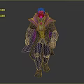 Magical Purple Creature Character Wearing Robe With Red Chest Yellow Trim Design