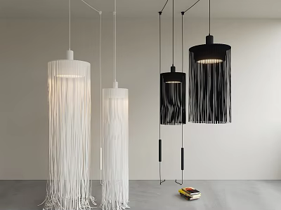 Stylish Modern Interior With Hanging White And Black Fringe Pendant Lights 3d model