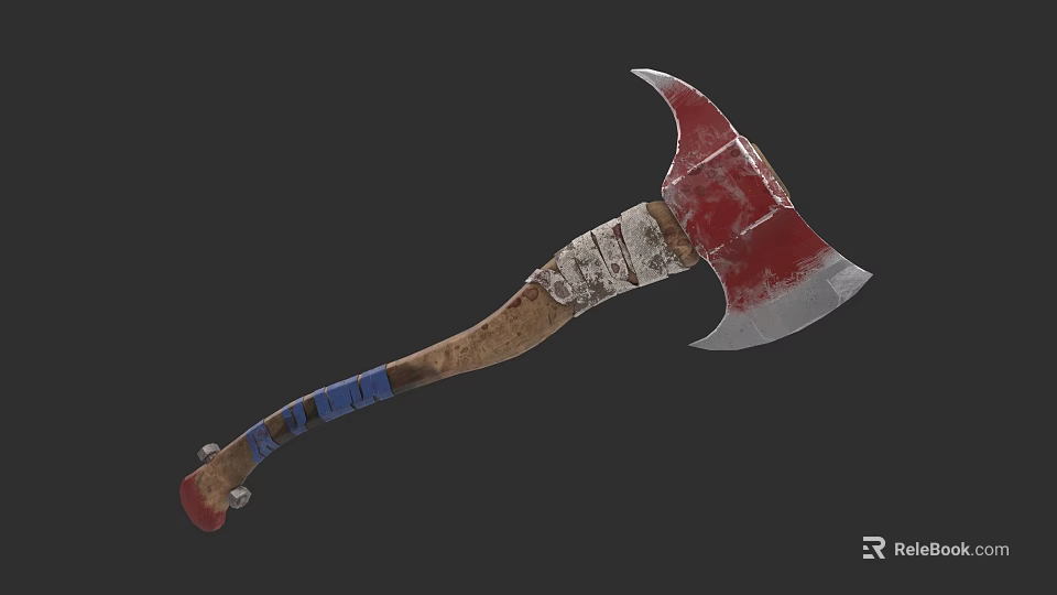 Bloodstained Battle Axe With Silver Sharp Blade And Worn Wooden Handle 3d model 