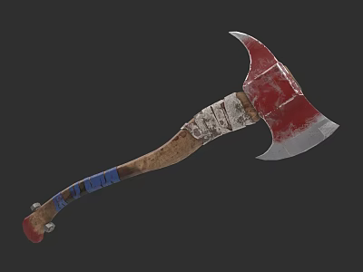 Bloodstained Battle Axe With Silver Sharp Blade And Worn Wooden Handle 3d model