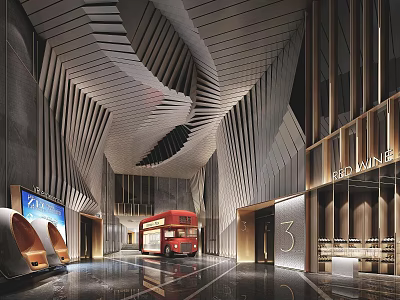 Modern Cinema Interior Design With Unique Ceiling Red Bus Decor And Theater Entrance 3d model