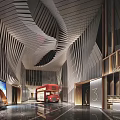Modern Cinema Interior Design With Unique Ceiling Red Bus Decor And Theater Entrance