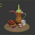 Household Tea Set With Yellow Teapot Small Bowl Red Fruits White Cups And Woven Mat