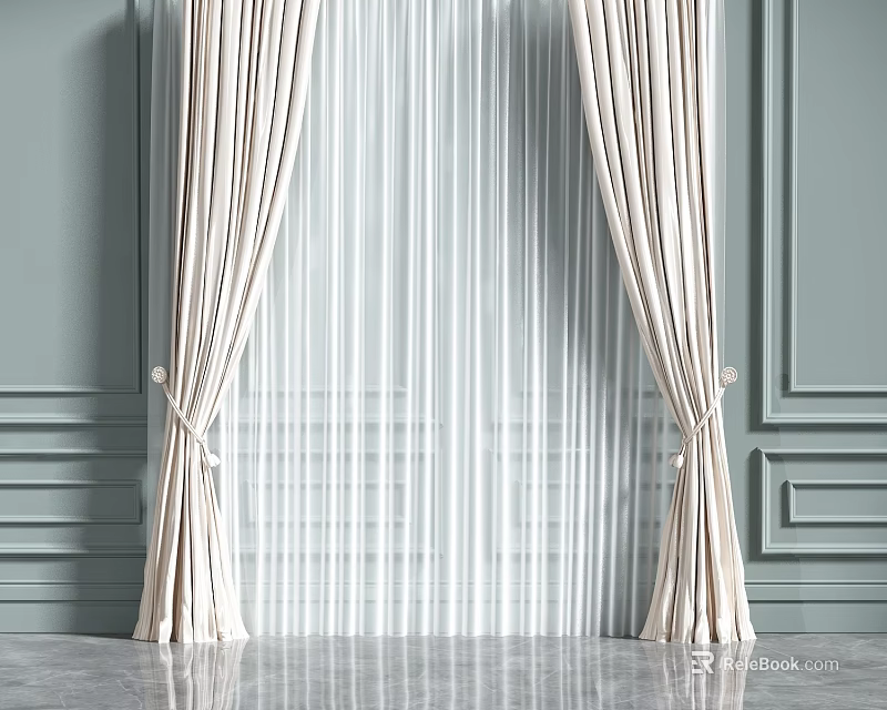Elegant Beige Curtains Draped With Tiebacks Against Light Green Wall With Decorative Molding 3d model 