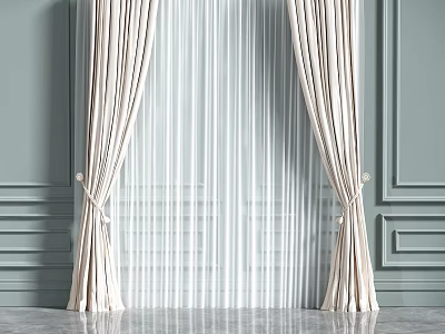 Elegant Beige Curtains Draped With Tiebacks Against Light Green Wall With Decorative Molding 3d model