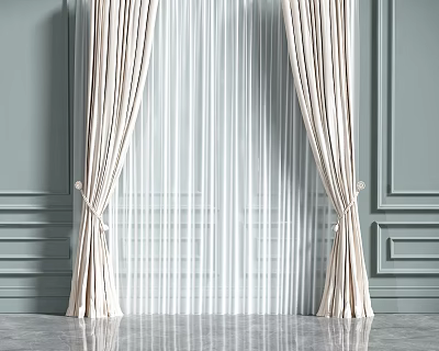 Elegant Beige Curtains Draped With Tiebacks Against Light Green Wall With Decorative Molding 3d model