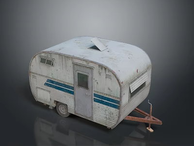 Vintage White Caravan With Blue Stripes Door Windows And Weathered Exterior 3d model
