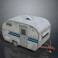 Vintage White Caravan With Blue Stripes Door Windows And Weathered Exterior