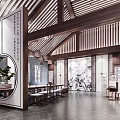 Traditional Chinese Teahouse Interior With Moon Gate Calligraphy Art Wooden Furniture And Hanging Lanterns