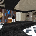 Modern KTV Interior Design With Sofa Bookshelves Rug Decorative Elements And Geometric Floor